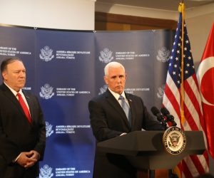 epa07928327 US Vice President Mike Pence (R) and US Secretary of State Mike Pompeo (L) attend a press conference after meeting with Turkish President Recep Tayyip Erdogan, in Ankara, Turkey, 17 October 2019. Pence is in Turkey for talks on Turkish military operation on Northern Syria against Kurdish fighters. Turkey has launched an offensive targeting Kurdish forces in north-eastern Syria, days after the US withdrew troops from the area. Pence and President Erdogan have reached a deal to suspend a Turkish military offensive in northern Syria within 120 hours, to allow Kurdish forces to withdraw from a designated safe zone on the northern border.  EPA/STR