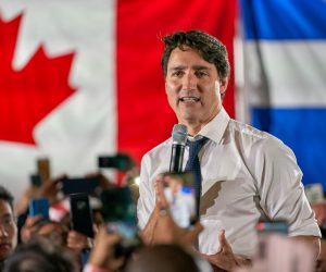 epa07929008 Canadian Prime Minister and Liberal Party leader Justin Trudeau addresses his supporters at a campaign rally in Montreal, Quebec, Canada, 17 October 2019. Canadians will vote in the country's 43rd general election on 21 October 2019.  EPA/VALERIE BLUM