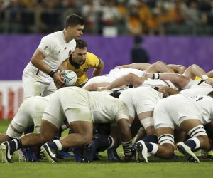 epa07932693 Ben Youngs (L) of England feeds the ball into the scrum during the Rugby World Cup quarter-final match between England and Australia, in Oita, Japan, 19 October 2019.  EPA/MARK R. CRISTINO EDITORIAL USE ONLY/ NO COMMERCIAL SALES / NOT USED IN ASSOCATION WITH ANY COMMERCIAL ENTITY