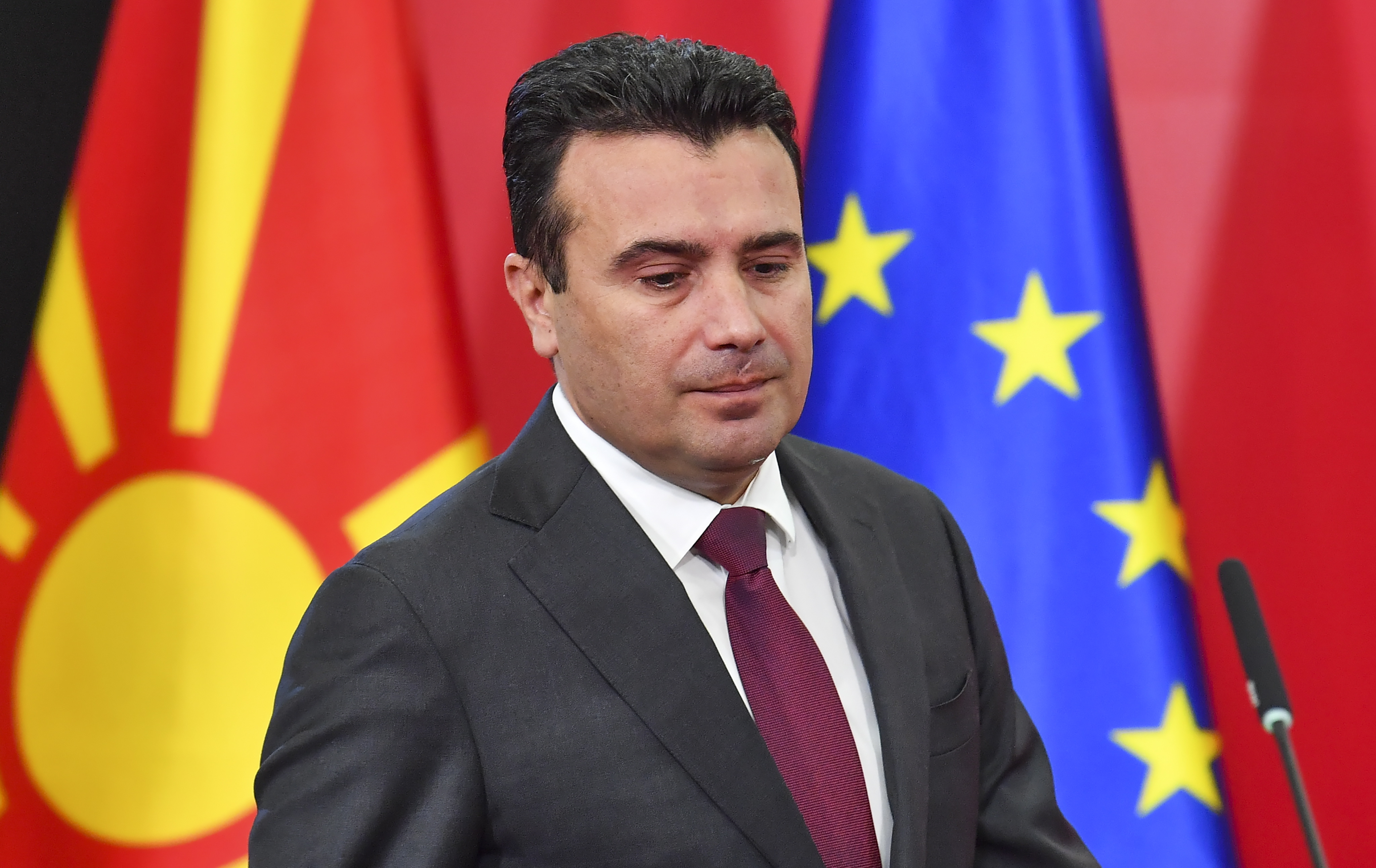 epa07933170 Macedonian Prime Minister Zoran Zaev addresses a press conference to announce early Parliamentary election, in Skopje, Republic of North Macedonia, 19 October 2018. Zaev called for early parliamentary elections a day after EU leaders delayed the decision for accession talks with North Macedonia and Albania for the third time as they gathered in Brussels for a two-day summit dominated by Brexit talks.  EPA/GEORGI LICOVSKI