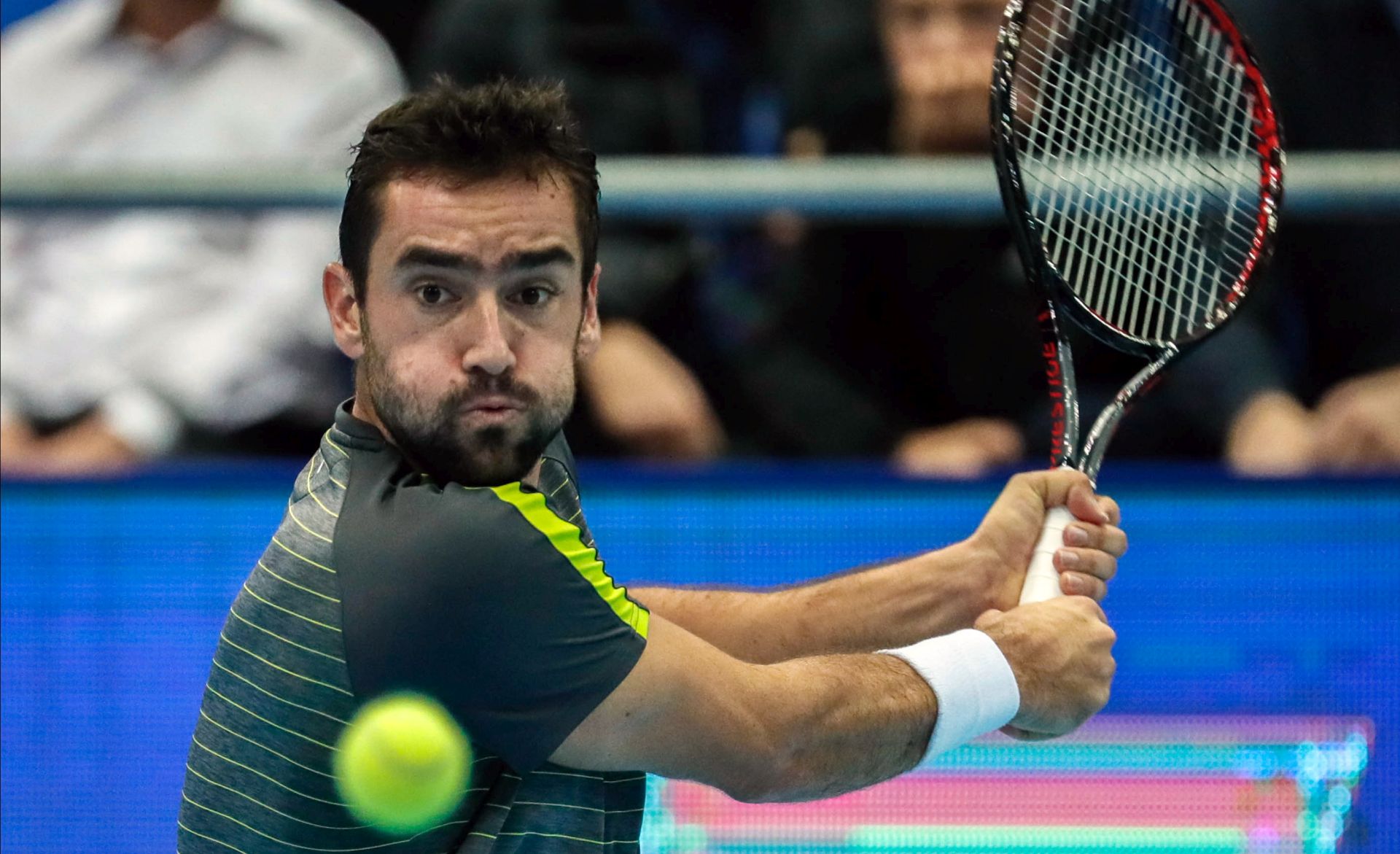 epa07934454 Marin Cilic of Croatia in action during his semifinal match against Andrey Rublev of Russia at the Kremlin Cup tennis tournament in Moscow, Russia, 19 October 2019.  EPA/YURI KOCHETKOV