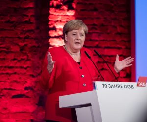 21 October 2019, Berlin: German Chancellor Angela Merkel speaks at the 70th anniversary ceremony of the German Trade Union Confederation (DGB). Photo: Bernd von Jutrczenka/dpa