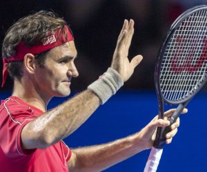 epa07939050 Switzerland's Roger Federer cheers after winning his first round match against Germany's Peter Gojowczyk at the Swiss Indoors tennis tournament in Basel, Switzerland, 21 October 2019.  EPA/GEORGIOS KEFALAS