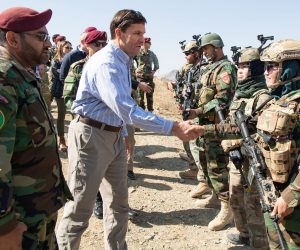 epa07940226 A handout photo made available by the US Department of Defense (DOD) shows US Defense Secretary Mark T. Esper (C) meeting with members of the Afghan special forces to observe their training at Camp Commando, Afghanistan, 21 October 2019 (issued 22 October 2019). According to reports, Defense Secretary Esper said that the reduction od US forces in Afghanistan relies on a peace agreement with the Taliban.  EPA/STAFF SGT. BRANDY NICOLE MEJIA/US DEPARTMENT OF DEFENSE HANDOUT  HANDOUT EDITORIAL USE ONLY/NO SALES