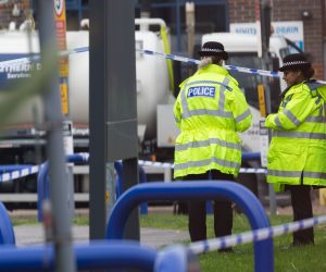 epa07942779 Police investigate at the scene in Waterglade Industrial Park in Grays, Essex, Britain, 23 October 2019. A total of 39 bodies were discovered inside a lorry container in the early hours of this morning, and pronounced dead at the scene.  EPA/VICKIE FLORES