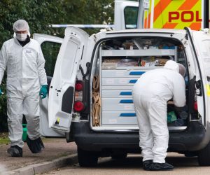 epa07942771 Police and forensic officers investigate at the scene in Waterglade Industrial Park in Grays, Essex, Britain, 23 October 2019. A total of 39 bodies were discovered inside a lorry container in the early hours of this morning, and pronounced dead at the scene.  EPA/VICKIE FLORES