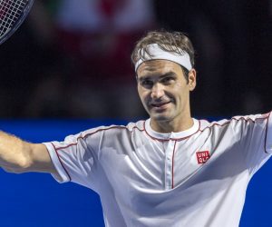 epa07943860 Switzerland's Roger Federer cheers after winning his second round match against Moldova's Radu Albot at the Swiss Indoors tennis tournament at the St. Jakobshalle in Basel, Switzerland, on Wednesday, October 23, 2019.  EPA/GEORGIOS KEFALAS