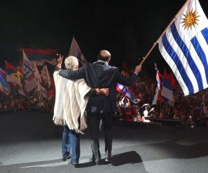 epa07944696 Uruguayan presidential candidate for the left-wing Broad Front party, Daniel Martinez (R), and his candidate for vice president, Graciela Villar (L), attend a campaign closing event, in Montevideo, Uruguay, 23 October 2019. The Uruguayan general election is scheduled to take place on 27 October 2019.  EPA/FEDERICO ANFITTI