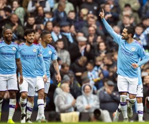 epa07951104 Manchester City's Ilkay Guendogan celebrates after scoring the 3-0 lead during the English Premier League soccer match between Manchester City and Aston Villa in Manchester, Britain, 26 October 2019.  EPA/PETER POWELL EDITORIAL USE ONLY. No use with unauthorized audio, video, data, fixture lists, club/league logos or 'live' services. Online in-match use limited to 120 images, no video emulation. No use in betting, games or single club/league/player publications