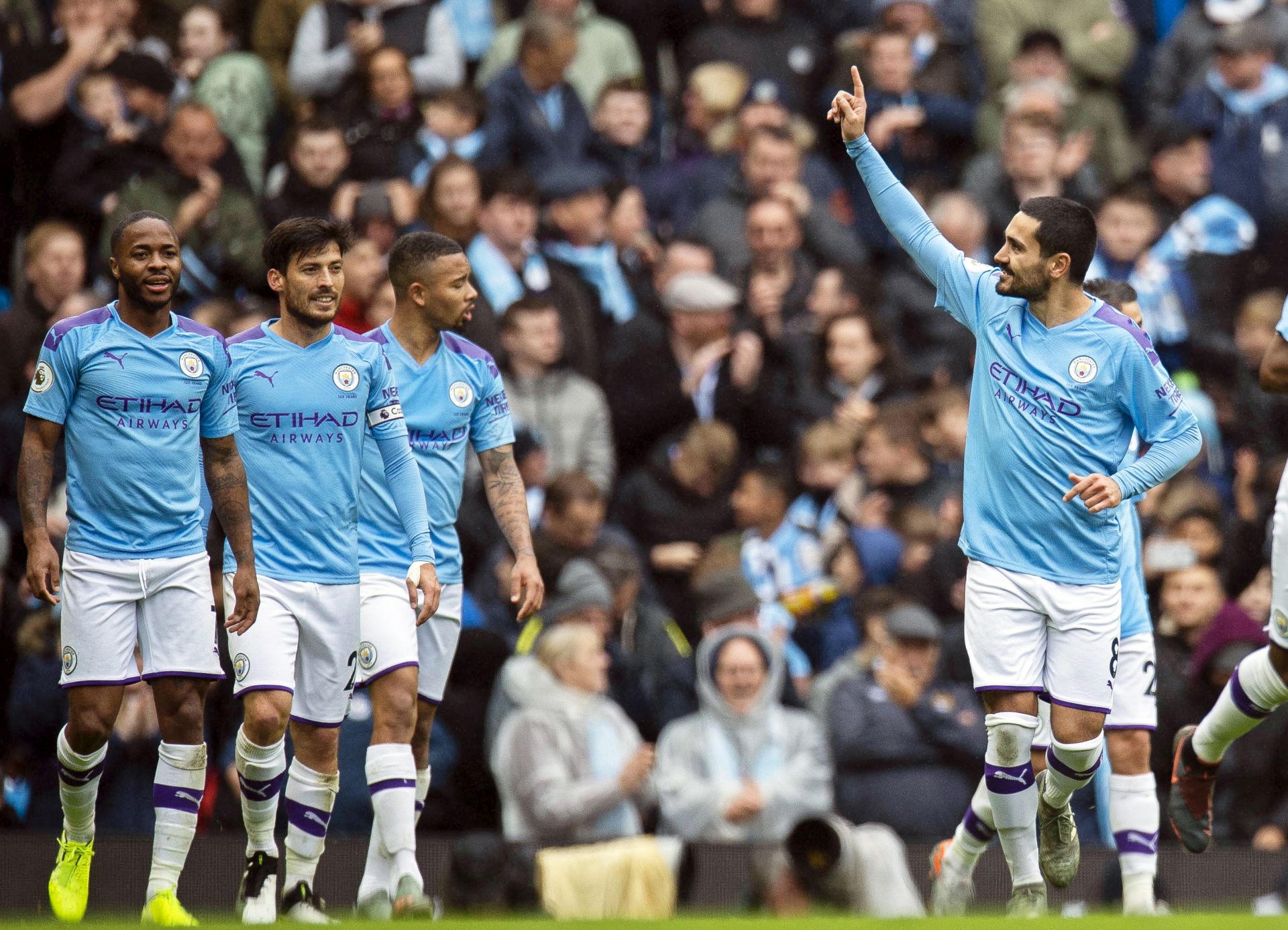 epa07951104 Manchester City's Ilkay Guendogan celebrates after scoring the 3-0 lead during the English Premier League soccer match between Manchester City and Aston Villa in Manchester, Britain, 26 October 2019.  EPA/PETER POWELL EDITORIAL USE ONLY. No use with unauthorized audio, video, data, fixture lists, club/league logos or 'live' services. Online in-match use limited to 120 images, no video emulation. No use in betting, games or single club/league/player publications