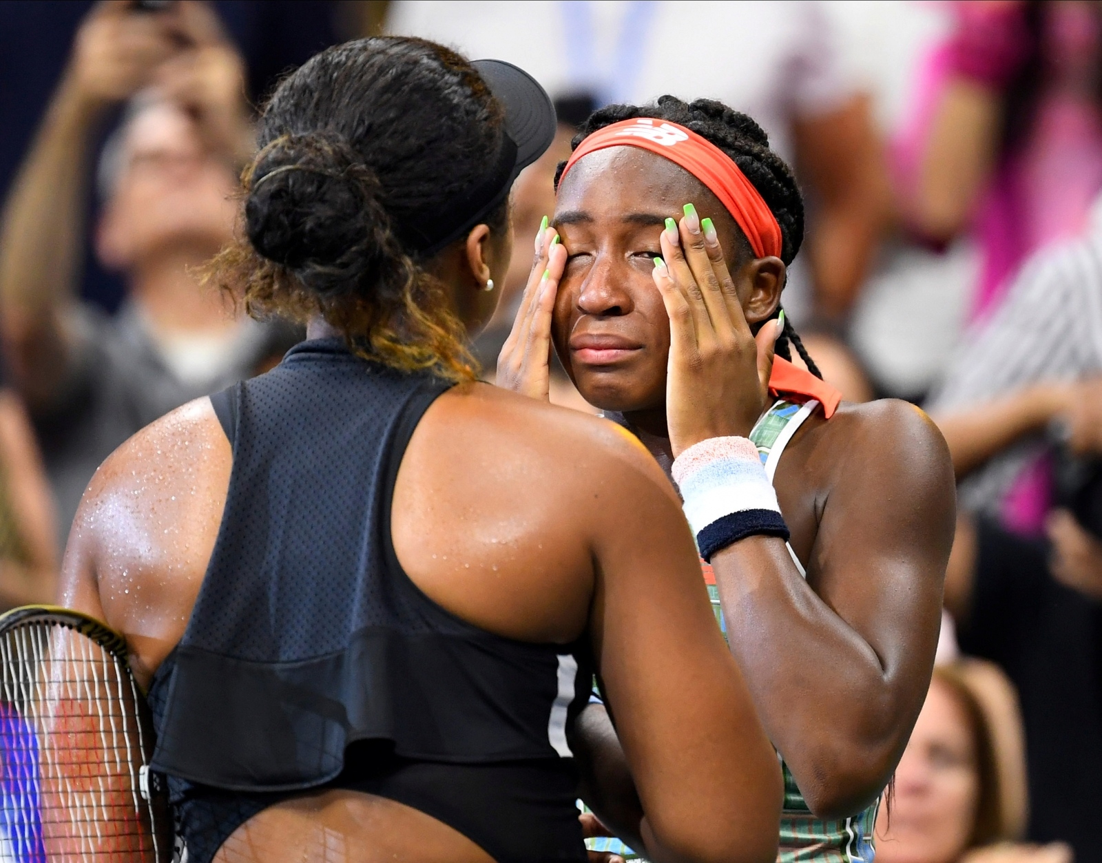 Tennis: US Open Aug 31, 2019; Flushing, NY, USA;    Naomi Osaka of Japan (left) consoles Coco Gauff of the USA after their third round match on day six of the 2019 U.S. Open tennis tournament at USTA Billie Jean King National Tennis Center. Mandatory Credit: Robert Deutsch-USA TODAY Sports     TPX IMAGES OF THE DAY USA Today Sports