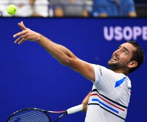Tennis: US Open Sept 2, 2019; Flushing, NY, USA;  
Marin Cilic of Croatia serves to Rafael Nadal of Spain in the fourth round on day eight of the 2019 U.S. Open tennis tournament at USTA Billie Jean King National Tennis Center. Mandatory Credit: Robert Deutsch-USA TODAY Sports Robert Deutsch