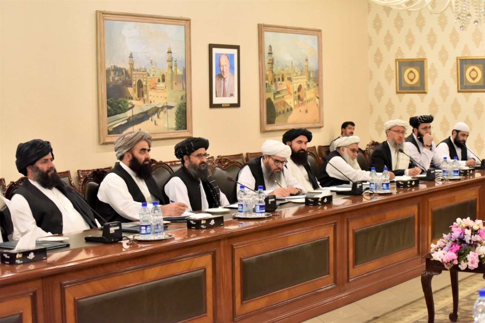 Mullah Abdul Ghani Baradar attends a meeting at the Ministry of Foreign Affairs in Islamabad Mullah Abdul Ghani Baradar (3rd L), who is leading Taliban Political Commission (TPC) delegation, attends a meeting at the Ministry of Foreign Affairs in Islamabad, Pakistan October 3, 2019. Ministry of Foreign Affairs (MoFA)/ Handout via REUTERS/ATTENTION EDITORS - THIS PICTURE WAS PROVIDED BY A THIRD PARTY. NO RESALES. NO ARCHIVE. Ministry of Foreign Affairs (MoF