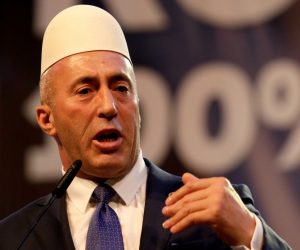 FILE PHOTO: Haradinaj, leader of AAK delivers his speech during a pre-election rally in Pristina FILE PHOTO: Ramush Haradinaj, leader of the Alliance for the Future of Kosovo (AAK) delivers his speech during a pre-election rally in Pristina, Kosovo, October 3, 2019. REUTERS/Florion Goga/File Photo Florion Goga