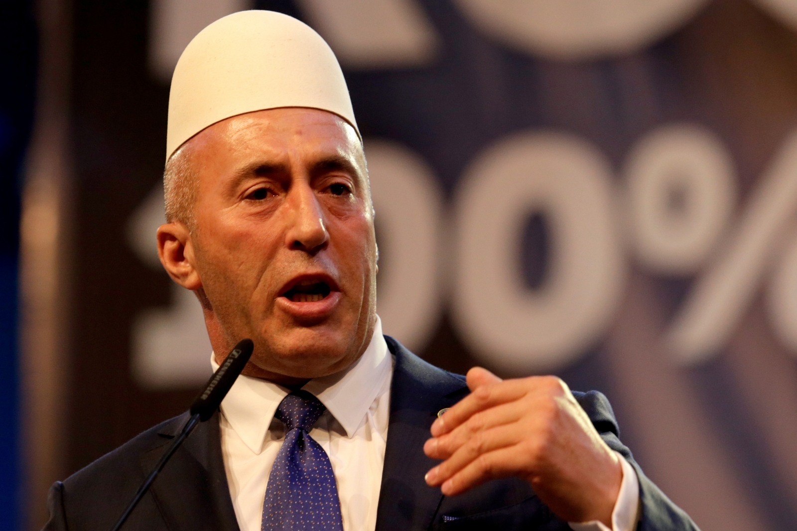 FILE PHOTO: Haradinaj, leader of AAK delivers his speech during a pre-election rally in Pristina FILE PHOTO: Ramush Haradinaj, leader of the Alliance for the Future of Kosovo (AAK) delivers his speech during a pre-election rally in Pristina, Kosovo, October 3, 2019. REUTERS/Florion Goga/File Photo Florion Goga