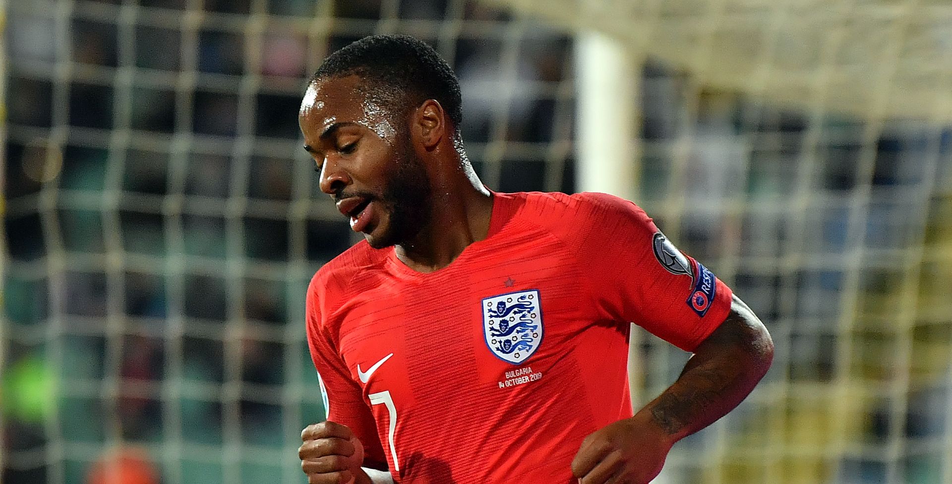 epa07920884 Raheem Sterling of England reacts after scoring during the UEFA EURO 2020 qualifying group A soccer match between Bulgaria and England, in Sofia, Bulgaria 14 October 2019.  EPA/GEORGI LICOVSKI