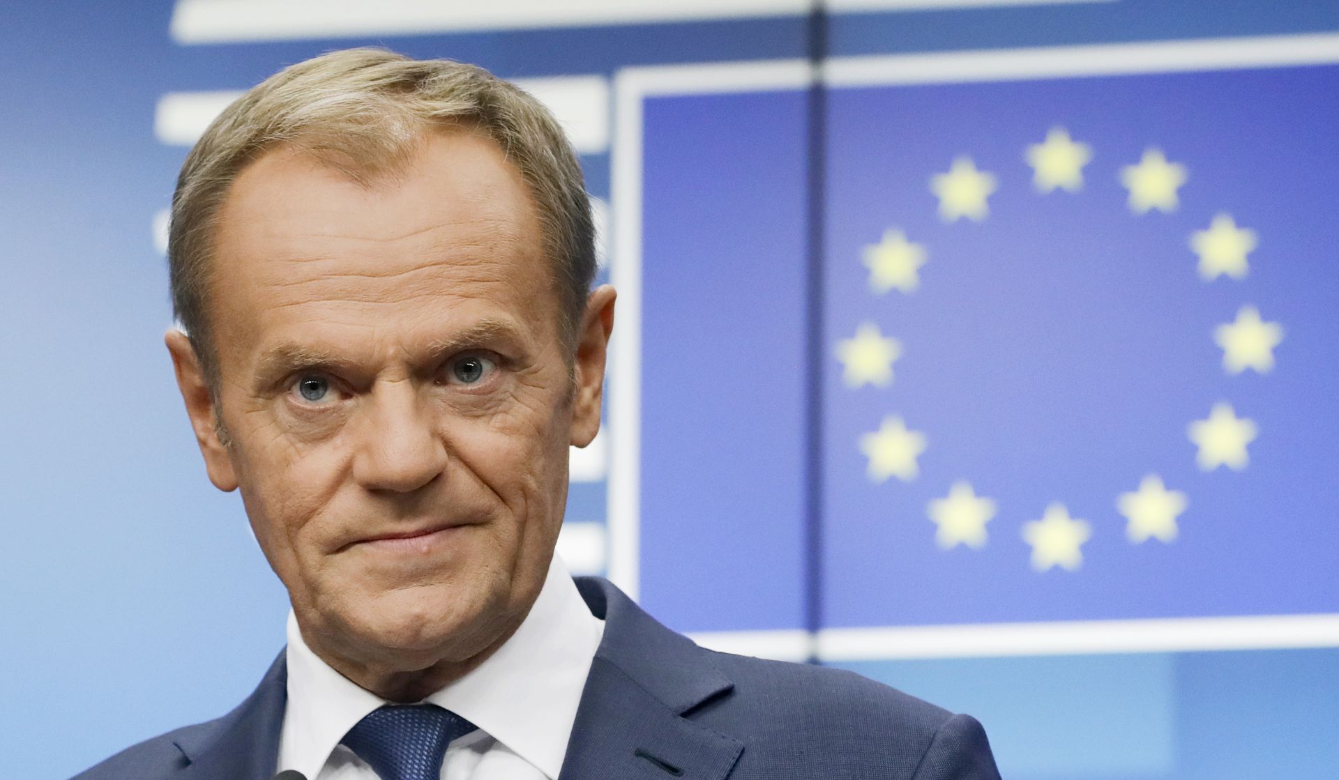 epa07930403 President of the European Council, Donald Tusk gives a press conference at the end of a summit in Brussels, Belgium, 18 October 2019. This news conference is supposed to be the last one in a summit of both Presidents during their mandate.  EPA/OLIVIER HOSLET