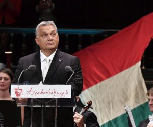 epa07943916 Hungarian Prime Minister Viktor Orban delivers his address on the national holiday marking the 63rd anniversary of the outbreak of the Hungarian revolution and war of independence against communist rule and the Soviet Union in 1956 in Liszt Ferenc Academy of Music in Budapest, Hungary, 23 October 2019.  EPA/Zoltan Mathe