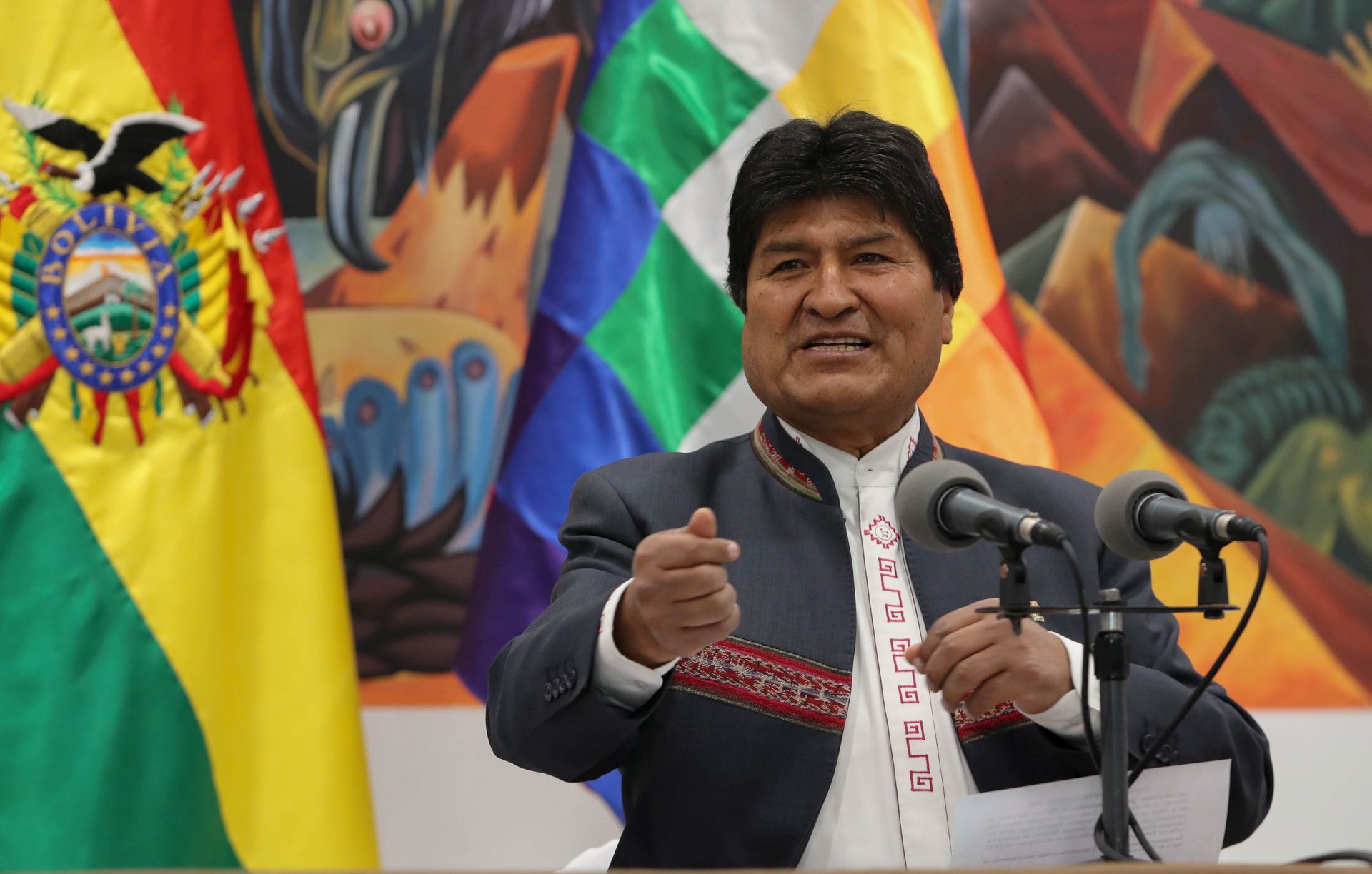 epa07945999 Bolivia's President Evo Morales, speaks during a press conference in La Paz, Bolivia, 24 October 2019. Morales said that he will go to the second round if he fails to win in the first round, although he hopes that the final count will give him the victory without waiting for another election round. The president's statements come after the Organization of American States (OEA) on 23 October that urged for a second round no matter what happens with the calculation of this first, to clear suspicions of electoral fraud.  EPA/MARTIN ALIPAZ