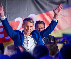 27 October 2019, Thuringia, Erfurt: Bjoern Hoecke, top candidate of the Alternative for Germany (AfD) party in the state election in Thuringia, celebrates with his supporters after the state election in Thuringia. Photo: Jens Büttner/dpa-Zentralbild/dpa