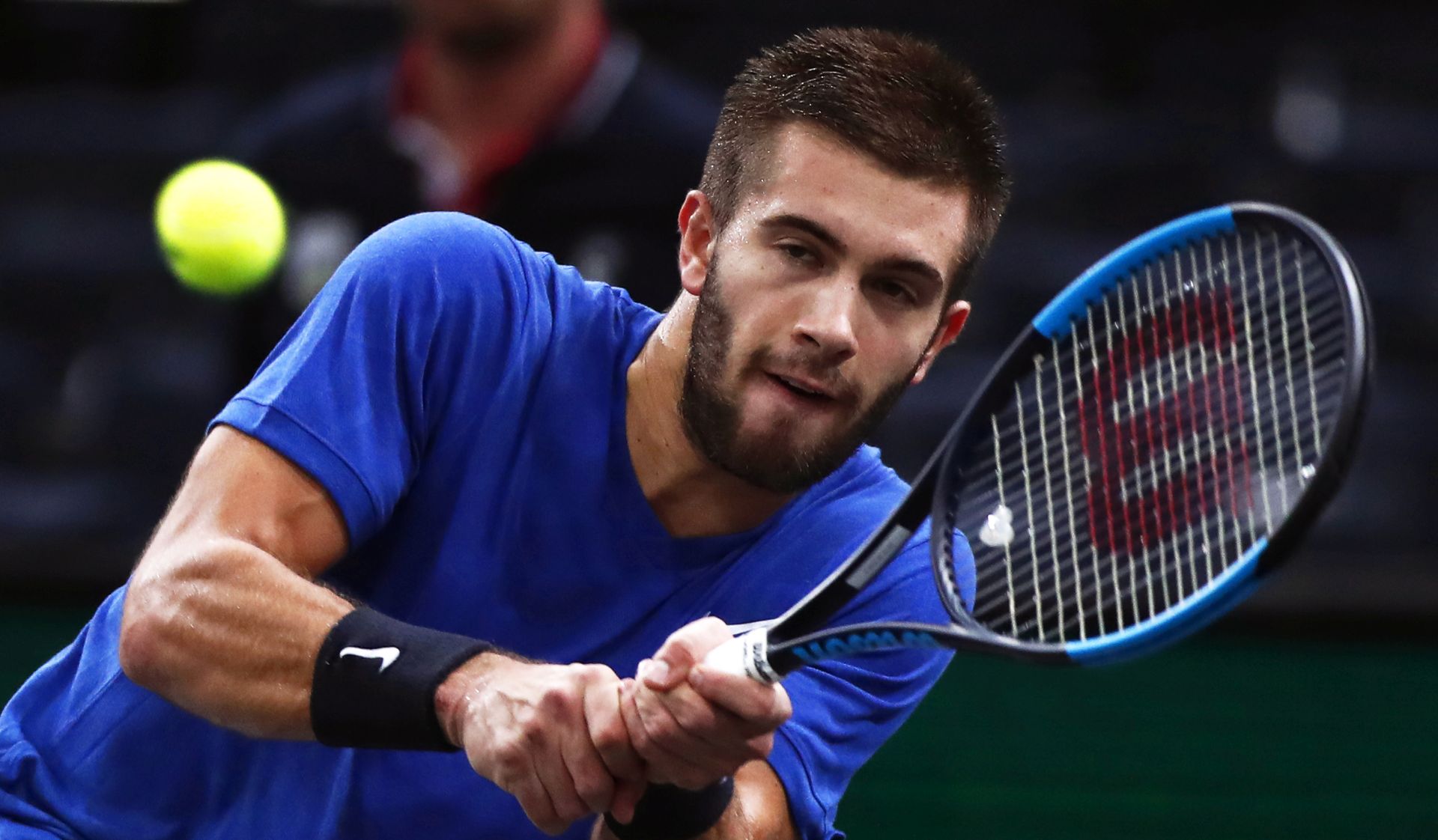epa07956209 Borna Coric of Croatia in action against Fernando Verdasco of Spain during their first round match at the Rolex Paris Masters tennis tournament in Paris, France, 28 October 2019.  EPA/IAN LANGSDON