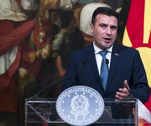 epa07958126 North Macedonia's Prime Minister Zoran Zaev holds a joint press conference with Italian Premier Giuseppe Conte (unseen) at the end of their meeting at the Chigi Palace in Rome, Italy, 29 October 2019. North Macedonia's Prime Minister Zoran Zaev is on an official visit to Italy.  EPA/ANGELO CARCONI