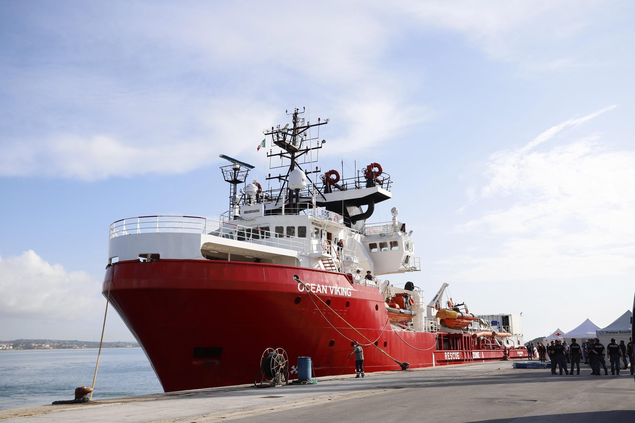 epa07959386 The search-and-rescue ship Ocean Viking arrives in the port of Pozzallo, Italy, 30 October 2019. The rescue ship, chartered by SOS Mediterrranee in partnership with Medecins Sans Frontieres (MSF), rescued 104 migrants in international waters off the coasts of Libya on 18 October 2019.  EPA/FRANCESCO RUTA