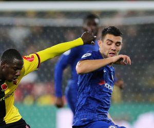 epa07967942 Chelsea's Mateo Kovacic (R) in action against Watford's Abdoulaye Doucoure (L) during the English Premier League soccer match between Watford FC and Chelsea FC at Vicarage Road in Watford, Britain, 02 November 2019.  EPA/ISABEL INFANTES EDITORIAL USE ONLY. No use with unauthorized audio, video, data, fixture lists, club/league logos or 'live' services. Online in-match use limited to 120 images, no video emulation. No use in betting, games or single club/league/player publications