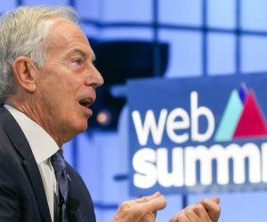 epa07975956 Former British Prime Minister Tony Blair  speaks during the third day of the Web Summit in Lisbon, Portugal, 06 November 2019. More the 70,000 participants from 163 countries participate in the 2019 Web Summit, considered the largest event of startups and technological entrepreneur ship in the world, takes place from 04 to 07 November.  EPA/ANTONIO COTRIM