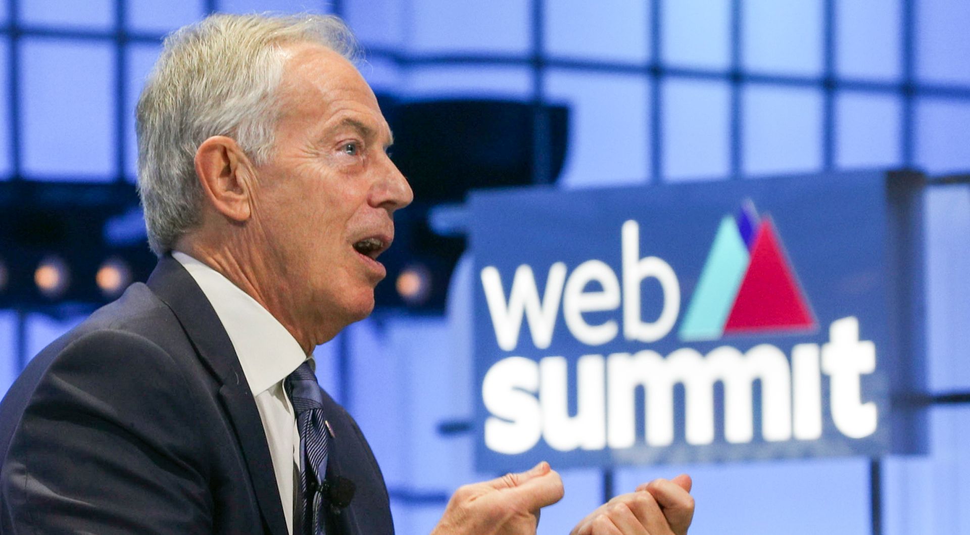 epa07975956 Former British Prime Minister Tony Blair  speaks during the third day of the Web Summit in Lisbon, Portugal, 06 November 2019. More the 70,000 participants from 163 countries participate in the 2019 Web Summit, considered the largest event of startups and technological entrepreneur ship in the world, takes place from 04 to 07 November.  EPA/ANTONIO COTRIM