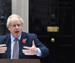 epa07976184 British Prime Minister Boris Johnson speaks outside Downing Street after holding an audience with Queen Elizabeth II to mark the formal dissolution of Parliament ahead of December 12 general election in London, Britain, 06 November 2019.  EPA/FACUNDO ARRIZABALAGA