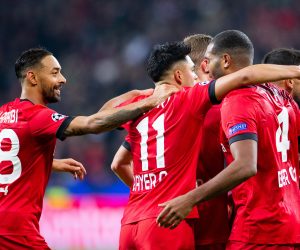 06 November 2019, Leverkusen: Leverkusen players celebrate their side's first goal during the UEFA Champions League group D soccer match between Bayer Leverkusen and Atletico Madrid at the BayArena. Photo: Rolf Vennenbernd/dpa