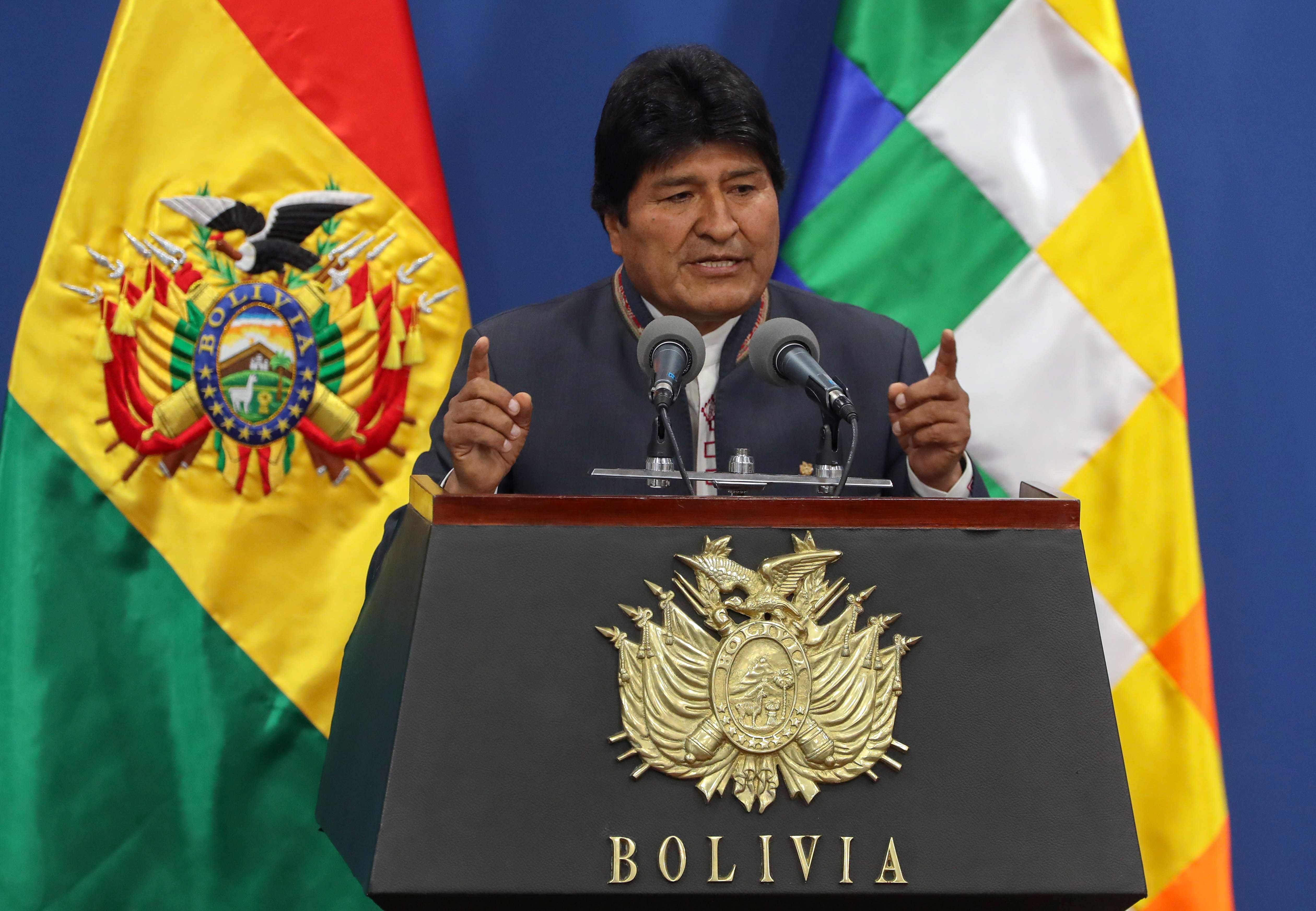 epa07985789 (FILE) - President of Bolivia Evo Morales delivers a speech in La Paz, Bolivia, 31 October 2019. Morales has called a new election after an international audit questioned the result of last month's race.  EPA/Martin Alipaz