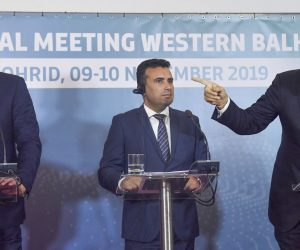 epa07985988 Albanian Prime Minister Edi Rama (R) gestures next to Serbian President Aleksandar Vucic (L) and Macedonian Prime Mister Zoran Zaev (C) during the joint press conference at the Regional Meeting Western Balkans in Ohrid , Republic of North Macedonia, 10 November 2019. Serbia, North Macedonia and Albania leaders continue with discussion for better economic cooperation between Balkan countries.  EPA/GEORGI LICOVSKI