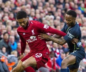 epa07990905 (FILE) - Liverpool's Joe Gomez (L) in action against Manchester City's Raheem Sterling (R) during the English Premier League soccer match between Liverpool FC and Manchester City at Anfield in Liverpool, Britain, 07 October 2018 (re-issued 12 November 2019). The England national soccer team dropped Raheem Sterling following a clash with teammate Joe Gomez at the England camp, British media reports claimed on 12 November 2019.  EPA/PETER POWELL EDITORIAL USE ONLY. No use with unauthorized audio, video, data, fixture lists, club/league logos or 'live' services. Online in-match use limited to 75 images, no video emulation. No use in betting, games or single club/league/player publications *** Local Caption *** 54684121