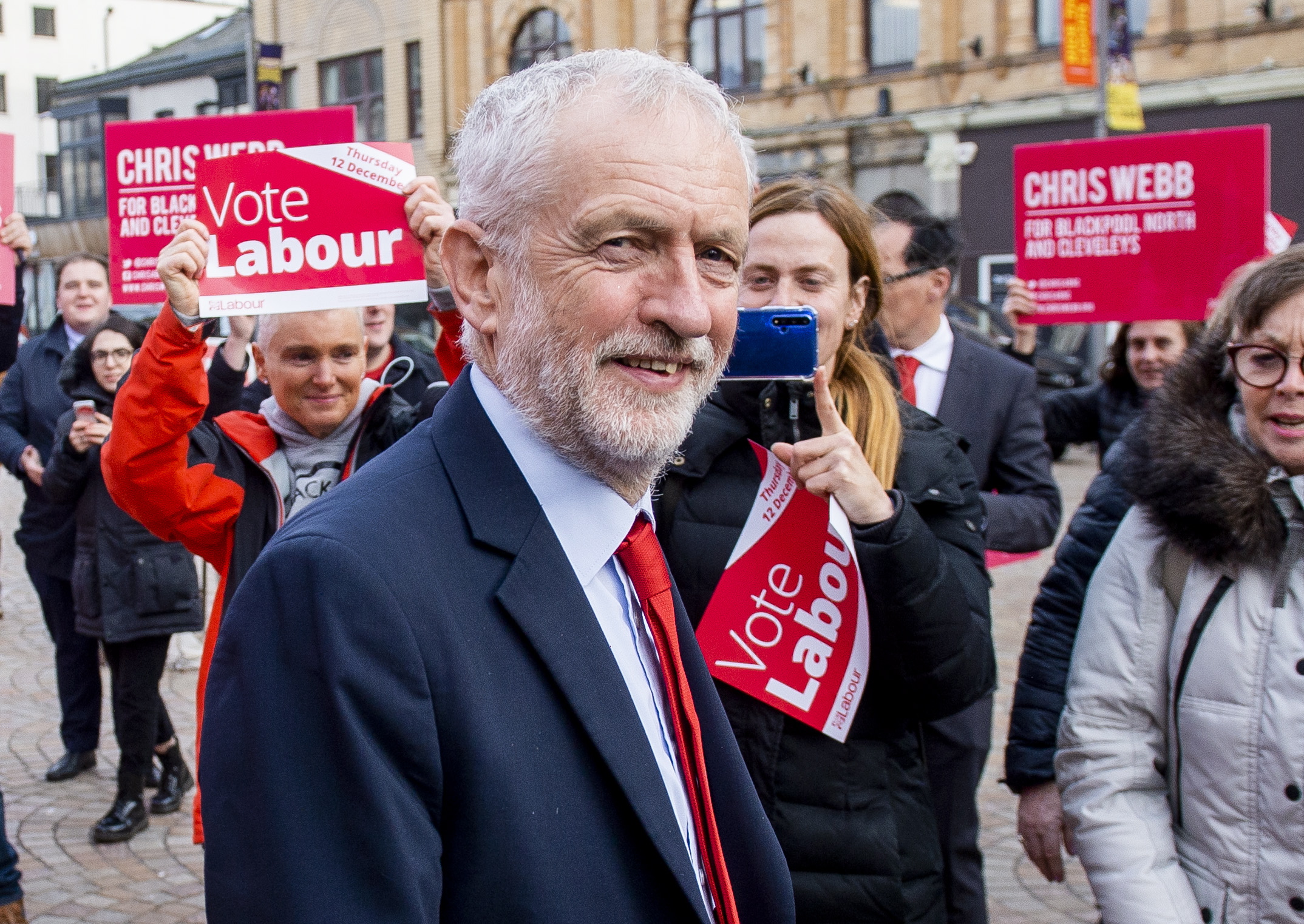 epa07990938 Labour Party leader Jeremy Corbyn attends a Labour Party rally in Blackpool, Britain, 12 November 2019. Britons go to the polls on 12 December in a general election.  EPA/PETER POWELL