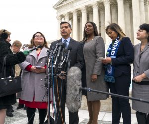 epa07991468 Attorney General of California Xavier Becerra (C-L) and Attorney General of New York Letitia James (C-R) gather with plaintiffs of the DACA (Deferred Action for Childhood Arrivals) case outside the US Supreme Court after the justices heard oral arguments on whether the Department of Homeland Security's bid to bring an end to the DACA policy is lawful in Washington, DC, USA, 12 November 2019. The Obama-era program allows more than 700,000 immigrants who came here as children to remain in the country legally.  EPA/JIM LO SCALZO