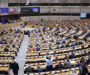 epa07993148 General view of hemicycle during a ceremony for the 30th anniversary of the fall of the Berlin Wall during a mini plenary session of the European Parliament in Brussels, Belgium, 13 November 2019.  EPA/OLIVIER HOSLET