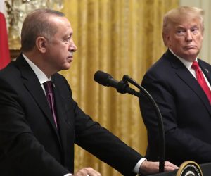 epa07994096 President Donald Trump (R) looks to Turkish President Recep Tayyip Erdogan (L) as a reporter asks a question at a press conference in the East Room of the White House in Washington, DC, USA, 13 November 2019. The visit comes one month after Turkey's invasion into northern Syria against the Kurds and on the first day of public impeachment hearings.  EPA/MIKE THEILER / POOL