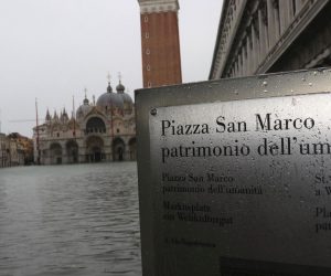 epa07999516 A view of flooded St Mark's Square during high water in Venice, northern Italy, 15 November 2019. Venice closed St Mark's Square due to fresh flooding in the city. The city is currently suffering its second-worst floods on record, with the high-water mark reaching 187cm on Tuesday. The water level had dropped down significantly but it is forecast to go back up to 160cm today.  EPA/EMILIANO CRESPI