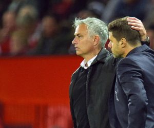 epa08010669 (FILE) - Manchester United manager Jose Mourinho (L) reacts with Tottenham Hotspur manager Mauricio Pochettino (R) after the English Premier League soccer match between Manchester United and Tottenham at the Old Trafford in Manchester, Britain, 27 August 2018 (reissued 20 November 2019). Tottenham Hotspur have announced the appointment of Jose Mourinho as their new manager.  EPA/PETER POWELL