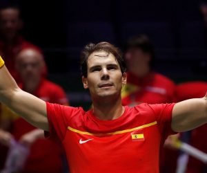 epa08012392 Rafa Nadal of Spain celebrates after his second round singles match against Borna Gojo of Croatia in the group stage tie between Spain and Croatia at the Davis Cup Finals tennis tournament at the Caja Magica facilities in Madrid, Spain, 20 November 2019.  EPA/JUANJO MARTIN