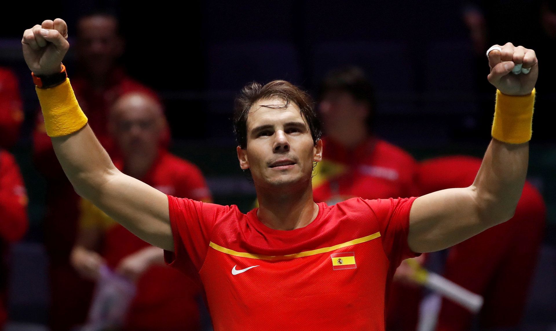 epa08012392 Rafa Nadal of Spain celebrates after his second round singles match against Borna Gojo of Croatia in the group stage tie between Spain and Croatia at the Davis Cup Finals tennis tournament at the Caja Magica facilities in Madrid, Spain, 20 November 2019.  EPA/JUANJO MARTIN