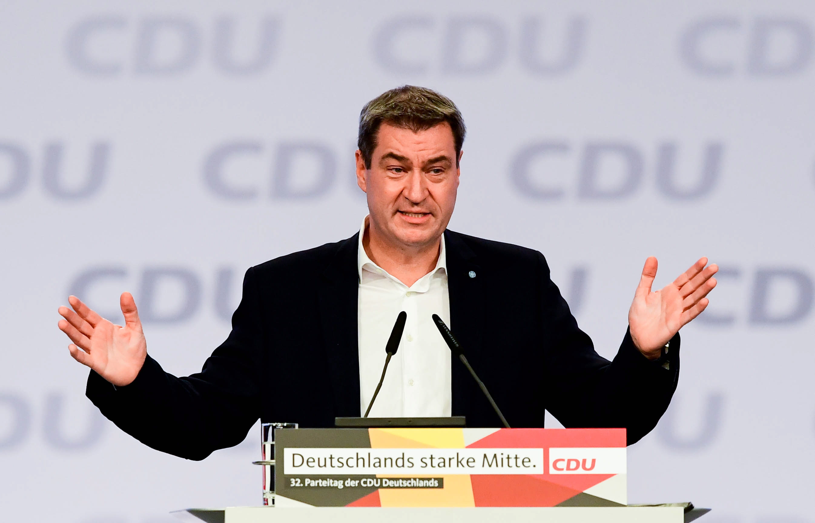 epa08018889 State Premier of Bavaria and Christian Social Union (CSU) chairman Markus Soeder speaks during the Party Congress of the Christian Democratic Union (CDU) in Leipzig, Germany, 23 November 2019.​ The CDU Party Congress takes place from 22 to 23 November 2019 .  EPA/FILIP SINGER