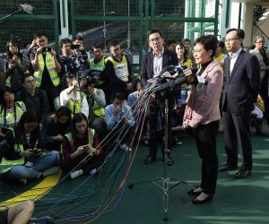epa08021038 Hong Kong Chief Executive Carrie Lam speaks to media after casted her vote in the District Council Ordinary Election in Hong Kong, China, 24 November 2019. On 24 November 4.13 million registered electors will cast their votes for the 2019 District Council Ordinary Election. Hong Kong is in its sixth month of mass protests, which were originally triggered by a now withdrawn extradition bill, and have since turned into a wider pro-democracy movement.  EPA/JEON HEON-KYUN