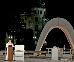 epa08021717 Pope Francis attends a meeting for peace sitting next to the Cenotaph for A-bomb Victims at the Hiroshima Peace Memorial Park in Hiroshima, Japan, 24 November 2019. The pope is on a four-day visit to Japan, the first in 38 years and only the second in history.  EPA/CIRO FUSCO