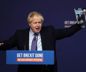 epa08022203 British Prime Minister Boris Johnson announces the Conservative party manifesto, in Telford, West Midlands, Britain, 24 November 2019. Britons will go to the polls in a general election on 12 December.  EPA/WILL OLIVER