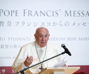 epa08025554 Pope Francis gives a speech at Sophia University in Tokyo, Japan, 26 November 2019. The pope is on a four-day visit to Japan, the first in 38 years and only the second in history.  EPA/KIM HONG-JI / POOL