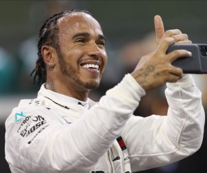 epa08035016 British Formula One driver Lewis Hamilton of Mercedes AMG GP reacts as he took pole position in the qualifying session of Abu Dhabi Formula 1 Grand Prix 2019 in Abu Dhabi, United Arab Emirates, 30 November 2019. The Formula One Grand Prix of Abu Dhabi will take place on 01 December 2019.  EPA/ALI HAIDER