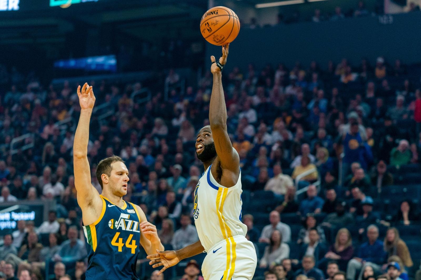 NBA: Utah Jazz at Golden State Warriors Nov 11, 2019; San Francisco, CA, USA; Golden State Warriors forward Draymond Green (23) is fouled by Utah Jazz forward Bojan Bogdanovic (44) during the during the first quarter at Chase Center. Mandatory Credit: Neville E. Guard-USA TODAY Sports Neville E. Guard